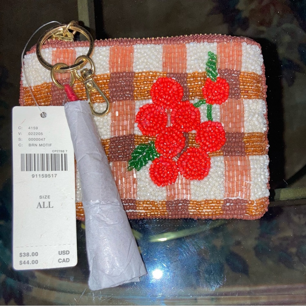 NWT Anthropologie beaded coin purse cherries on plaid. Sold out.